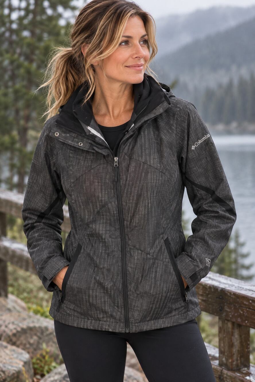 Columbia Women’s Black Gray Omni-Tech Hooded Rain Jacket Shell Size Small